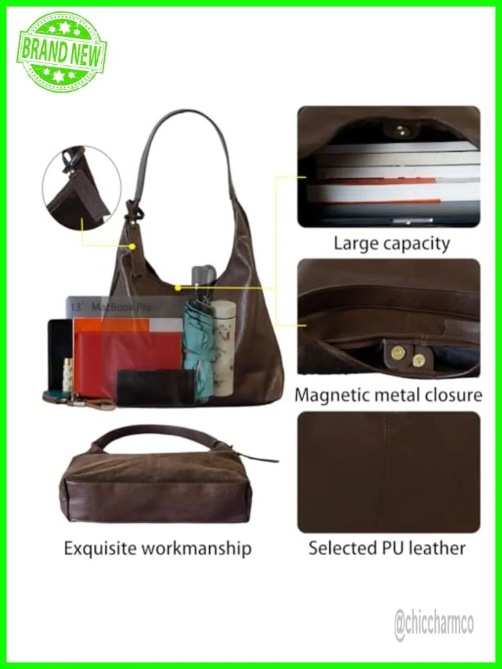 Reversible PU Leather and Suede Hobo Tote Bag with Pockets